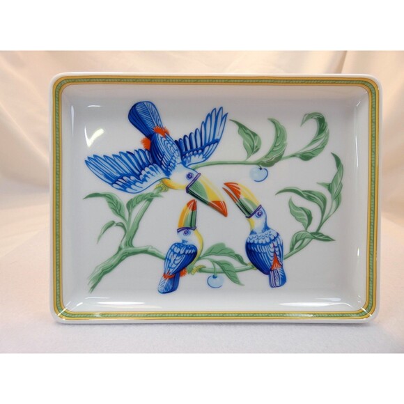 Hermes France Limoge "Toucans" Rectangle Sushi Plate Porcelain New -Case - Picture 2 of 8